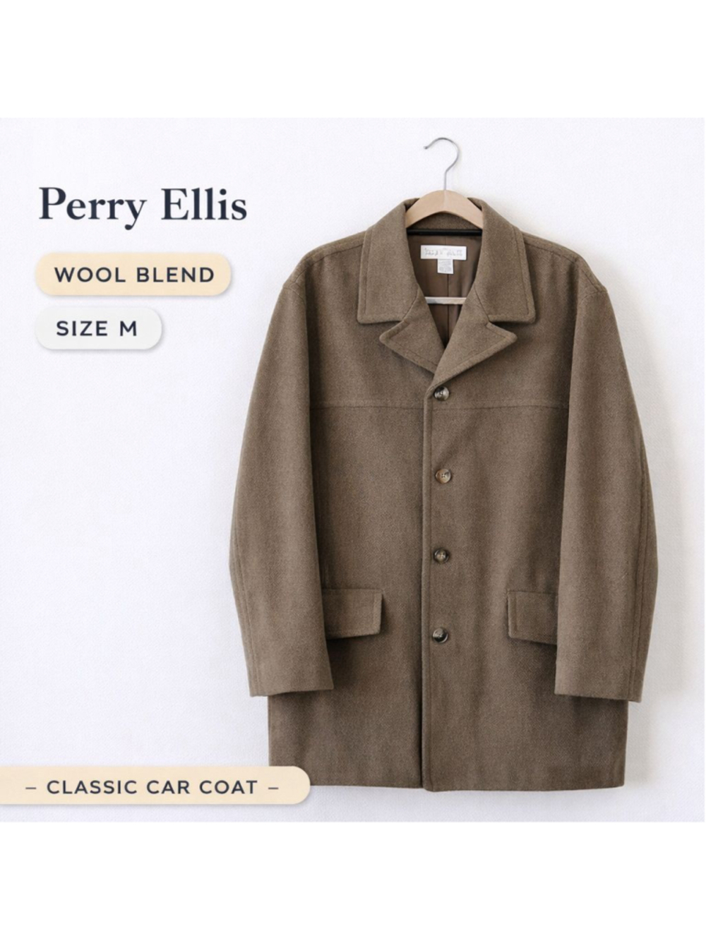 Perry Ellis Wool Blend Car Coat Brown Minimalist Topcoat Men’s M Classic